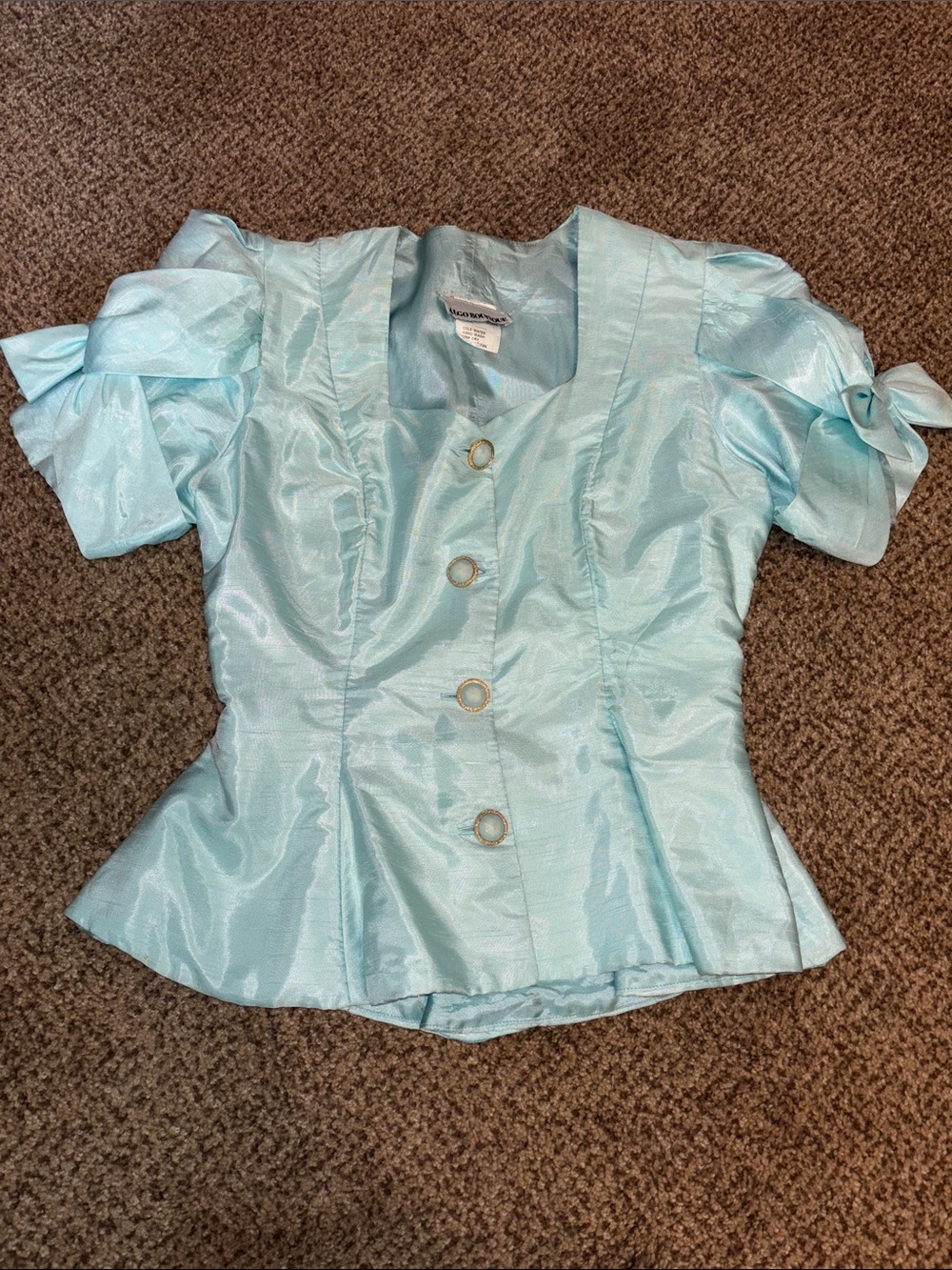 Vintage Shimmery Light Blue Puff Sleeve Button Front Top Small